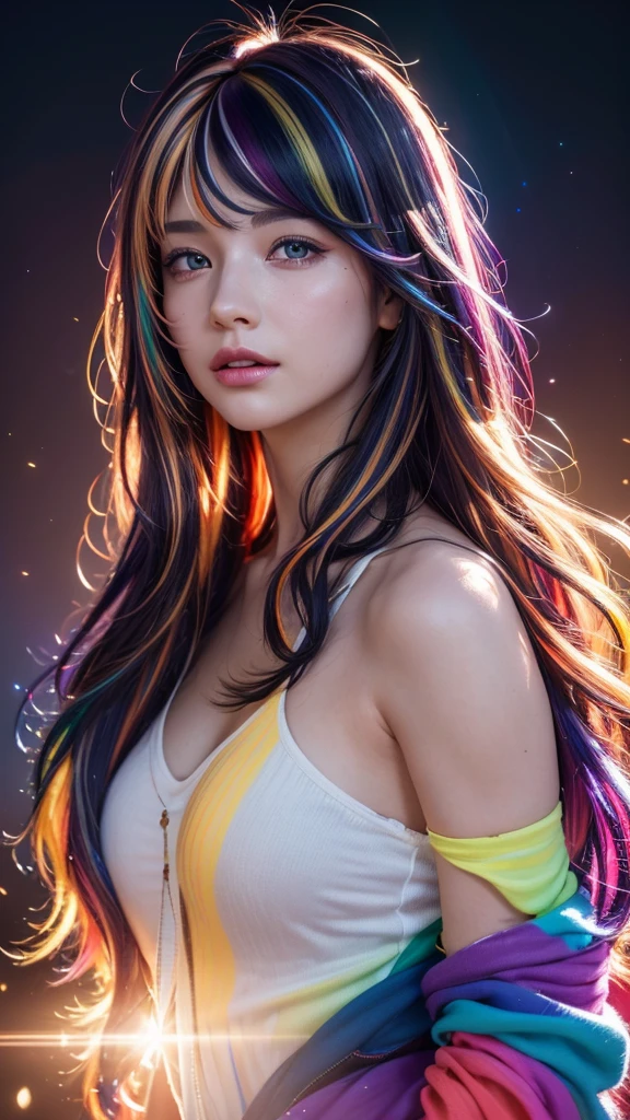 {{masterpiece}}, highest quality, Highly detailed CG Unity 8K wallpaper, cinematic lighting, Lens flare, beautiful detailed eyes, black, side line, multi-colored hair, colorful light, particle, heterochromia, (colorful:1.5), (colorful hair:1.5),
