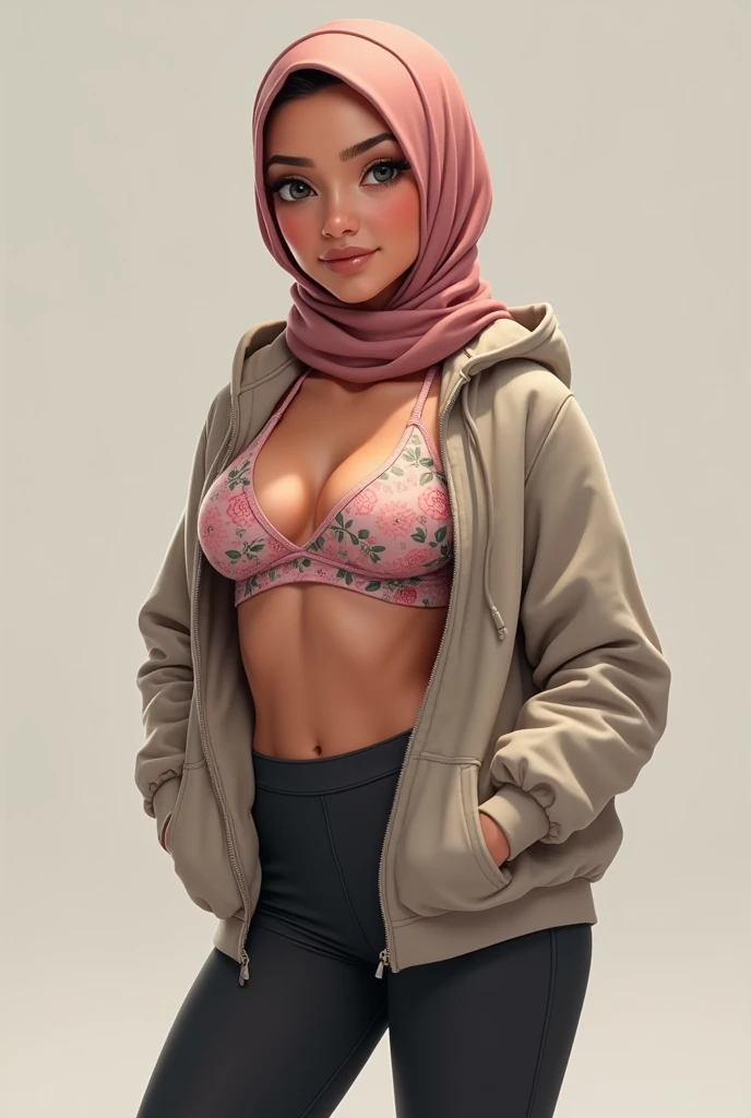 une femme, porte un long hijab, porte un sweat à capuche et déboutonner un soutien-gorge de sport à fleurs, leggings serrés, poitrine moyenne, taille moyenne des fesses, beau cul, pose libre.