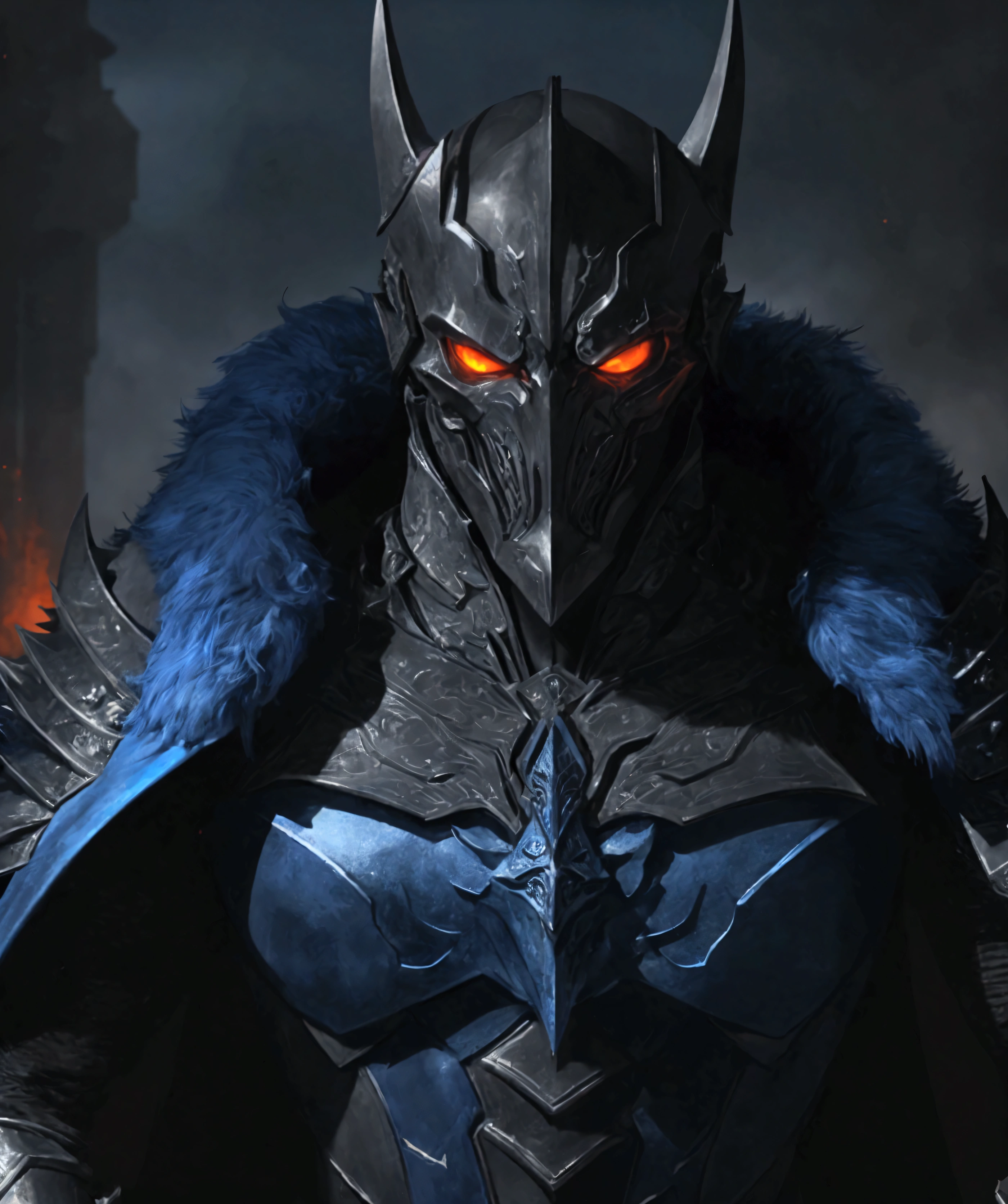 (Extremely detailed 8K wallpaper)* A medium shot of a formidable character named Grim, transformed into a terrifying masked supervillain. Grim is clad in a dark sapphire blue metallic, spiked armor that radiates an ominous glow, made from intricately textured fur and gleaming metal. The armor is adorned with spikes that reflect the surrounding chaos, adding an extra layer of menace. The scene is set against a backdrop of a city engulfed in flames, with crumbling, burning buildings casting eerie shadows across the battlefield. The intense, fiery hues of the background contrast sharply with the deep, electric blue of the armor, creating a visually striking and dramatic atmosphere. Every element, from the detailed texture of the armor to the glowing embers in the sky, is meticulously crafted to evoke a sense of overwhelming power and destruction