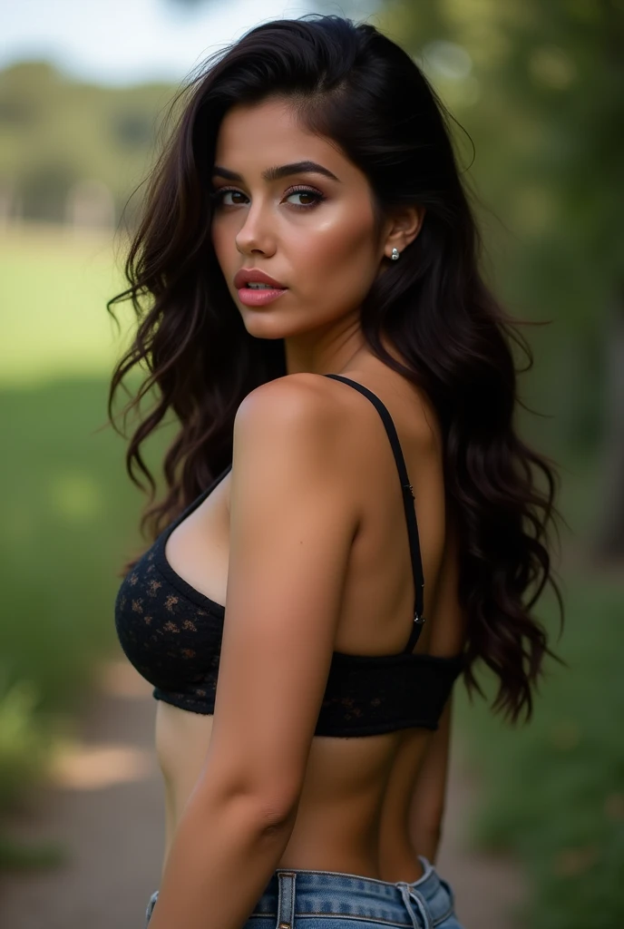 Photography, 20yo woman, big boobs but with clothes on , bitting her lips, very realistic, latina, looking away, showing up her ass