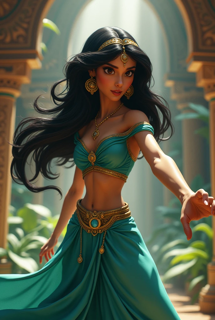 Stunning Princess Jasmine, photo in 8k, in action, cinematic.