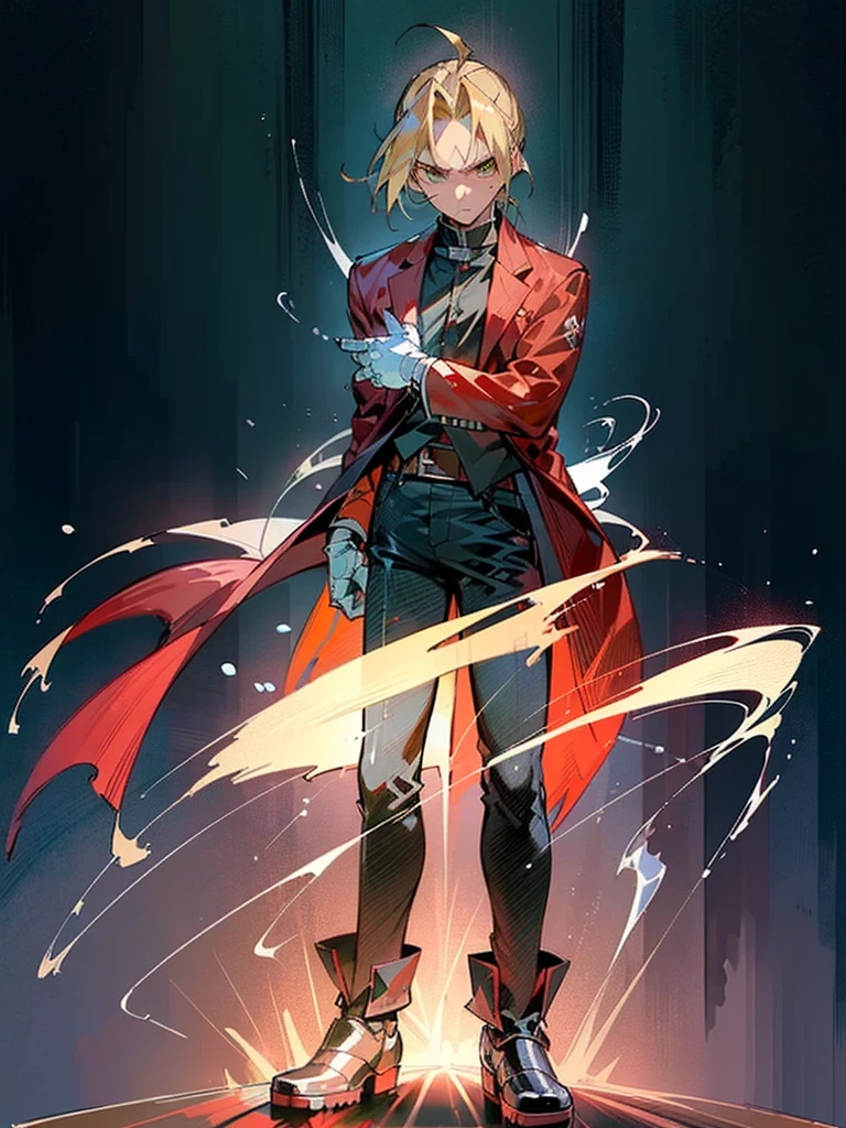 (masterpiece、top-quality、top-quality、Detailed and complex、official art、aesthetically pleasing:1.3) Standing pose, blonde (Edward Elric) (realistic art:1.3), angry facial expression, masculine serious look. Red coat, black jeans and shoes. Blue cosmic background.