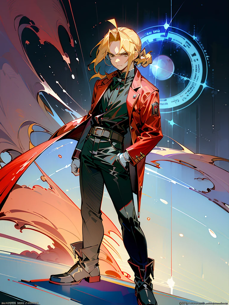 (masterpiece、top-quality、top-quality、Detailed and complex、official art、aesthetically pleasing:1.3) Standing pose, blonde (Edward Elric) (realistic art:1.3), angry facial expression, masculine serious look. Red coat, black jeans and shoes. Blue cosmic background.