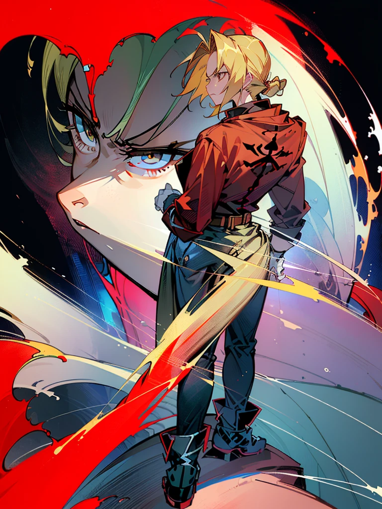 (masterpiece、top-quality、top-quality、Detailed and complex、official art、aesthetically pleasing:1.3) Standing pose, blonde (Edward Elric) (realistic art:1.3), angry facial expression, masculine serious look. Red coat, black jeans and shoes. Blue cosmic background.