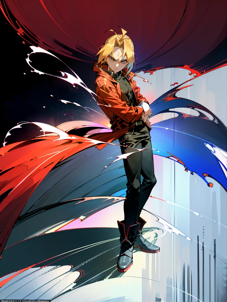 (masterpiece、top-quality、top-quality、Detailed and complex、official art、aesthetically pleasing:1.3) Standing pose, blonde (Edward Elric) (realistic art:1.3), angry facial expression, masculine serious look. Red coat, black jeans and shoes. Blue cosmic background.