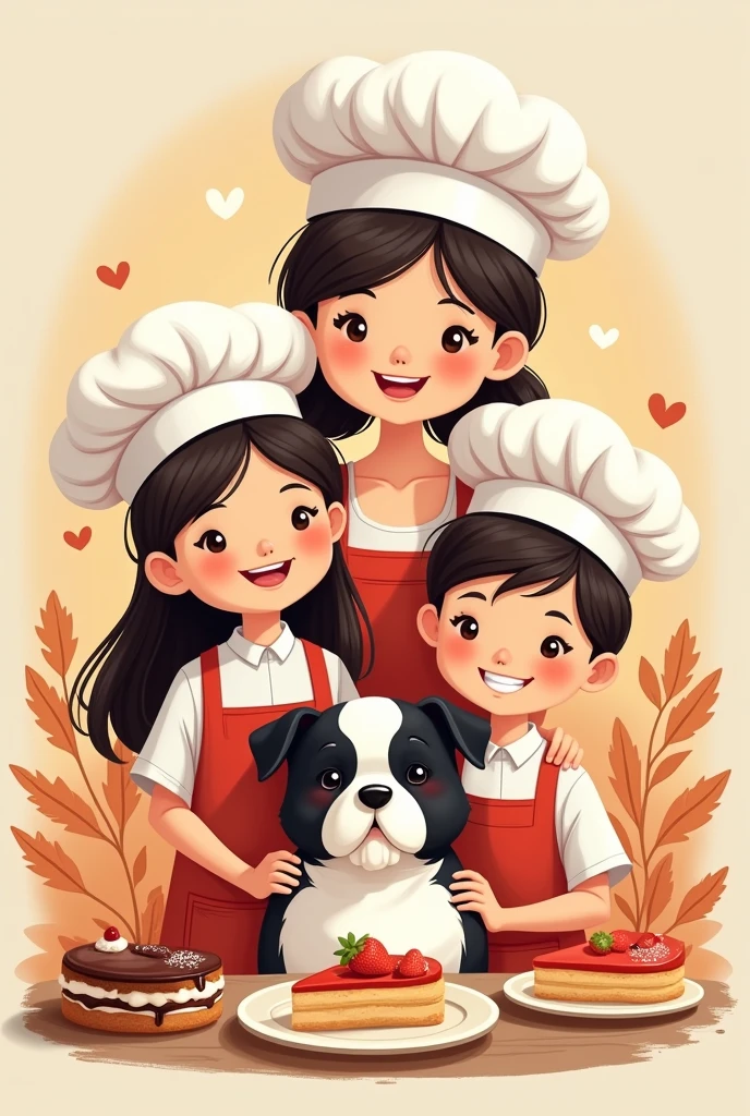 Logo of a woman with her daughter and her son and her baby dog with a black head and white body, all wearing chef hats and surrounded by cakes