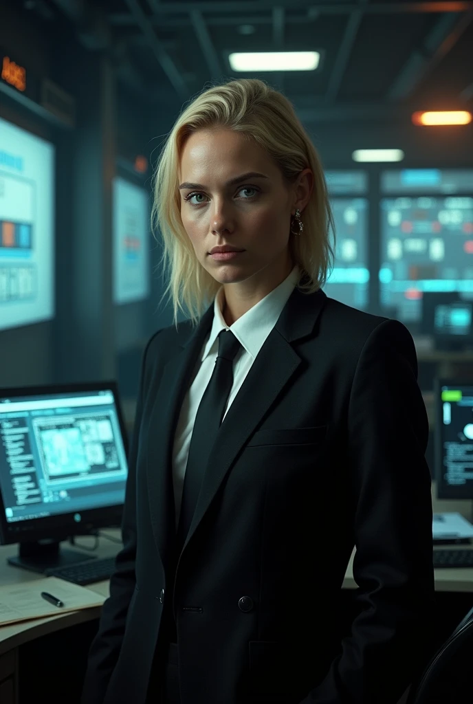 Produce an image of the future me, 30 years old, working as a criminal expert, I'm blonde