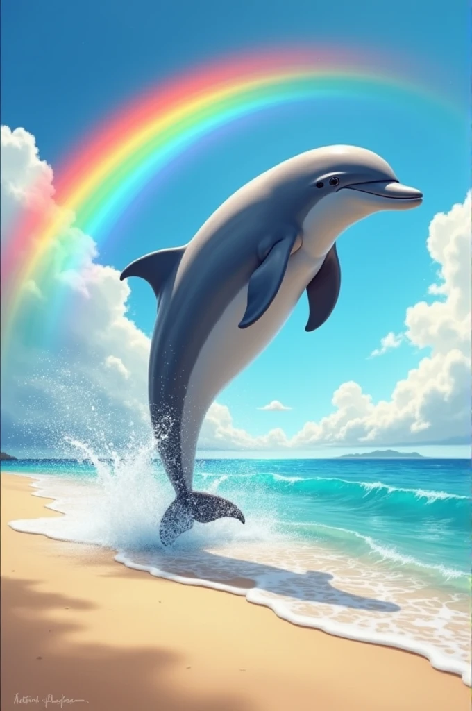 Dolphin on the beach jumping while there is a rainbow behind