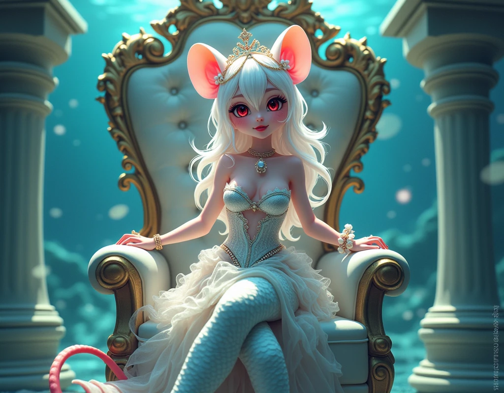 (best quality,4k,8k,highres,masterpiece:1.2),ultra-detailed, drawn in anime style, Pretty anthropomorphic albino mouse girl magically transformed into a beautiful mermaid princess, race swap, fantastic transformation, sharp teeth, beautifully detailed lips with lipstick, she’s smiling, steampunk, fishlike, wet body, very long curly white hair adorned with hair accessories, red eyes with long eyelashes, white fur, slim body, red manicured nails, whiskers, mouse ears with pearls hanging from them, long mermaid tail below waistline with shimmering cyan fish scales, pelvic and dorsal fins, a pair of fish gills on her torso, highly detailed seashell bra with intricate patterns, pearl bracelets, pearl necklace, tiara made of seashells, cute princess dress, physically-based rendering,gorgeous frilly dress design,flowing gown,elaborate lace details,rich textures,contrast stitching,delicate ribbon bows,fish scale accents, translucent skirt,fitted waistline,lace-up back,luxurious fabrics,flawless silhouette, joyful expression, sparkling water, water reflections, ethereal atmosphere, subtle glow, whimsical and enchanting, sitting gracefully on a throne chair, underwater castle interior, intricately decorated throne room, magical underwater lighting, vivid colors, breathing underwater, endless ocean depths, light filtering through the water, Highly detailed, masterpiece, high quality, 4K.