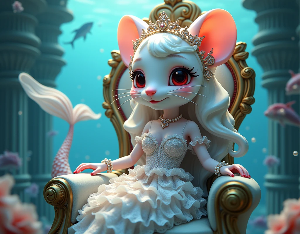 (best quality,4k,8k,highres,masterpiece:1.2),ultra-detailed, drawn in anime style, Pretty anthropomorphic albino mouse girl magically transformed into a beautiful mermaid princess, race swap, fantastic transformation, sharp teeth, beautifully detailed lips with lipstick, she’s smiling, steampunk, fishlike, wet body, very long curly white hair adorned with hair accessories, red eyes with long eyelashes, white fur, slim body, red manicured nails, whiskers, mouse ears with pearls hanging from them, long mermaid tail below waistline with shimmering cyan fish scales, pelvic and dorsal fins, a pair of fish gills on her torso, highly detailed seashell bra with intricate patterns, pearl bracelets, pearl necklace, tiara made of seashells, cute princess dress, physically-based rendering,gorgeous frilly dress design,flowing gown,elaborate lace details,rich textures,contrast stitching,delicate ribbon bows,fish scale accents, translucent skirt,fitted waistline,lace-up back,luxurious fabrics,flawless silhouette, joyful expression, sparkling water, water reflections, ethereal atmosphere, subtle glow, whimsical and enchanting, sitting gracefully on a throne chair, underwater castle interior, intricately decorated throne room, magical underwater lighting, vivid colors, breathing underwater, endless ocean depths, light filtering through the water, Highly detailed, masterpiece, high quality, 4K.