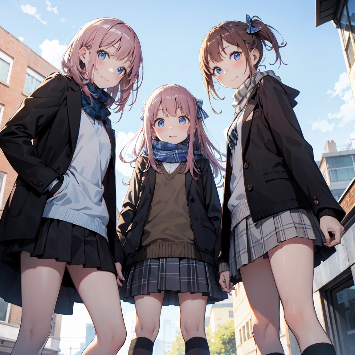 finely isetaileis illustration, Highest quality, masterpiece, Bright colors,、cute、幸せなsmile、Beautiful background,Long Hair, View your viewers, blush, smile, Open your mouth, bangs, blue eyes, plural, skirt, Pink Hair, shirt,  Pink Hair, Long sleeve, bow, Blue eyes, very Long Hair, , Are standing, Jacket, white shirt, :is, Sweat, pleateis skirt, Outdoor, Open clothes, shoes, isay, shoes下, Striped, collareis shirt, 挙手してくisさい, Three Girls, bag, scarf, reis bow, open Jacket, black Jacket, V-shaped eyebrows, Sleeves are longer than the wrist, parteis bangs, Plaid, Knee-length, nose blush, Plaid skirt, Brown footwear, flying Sweatisrops, blazer, cardigan, loafers, grey skirt, school bag, Striped bow, isiagonal stripes, station、 (From below:1.5)
