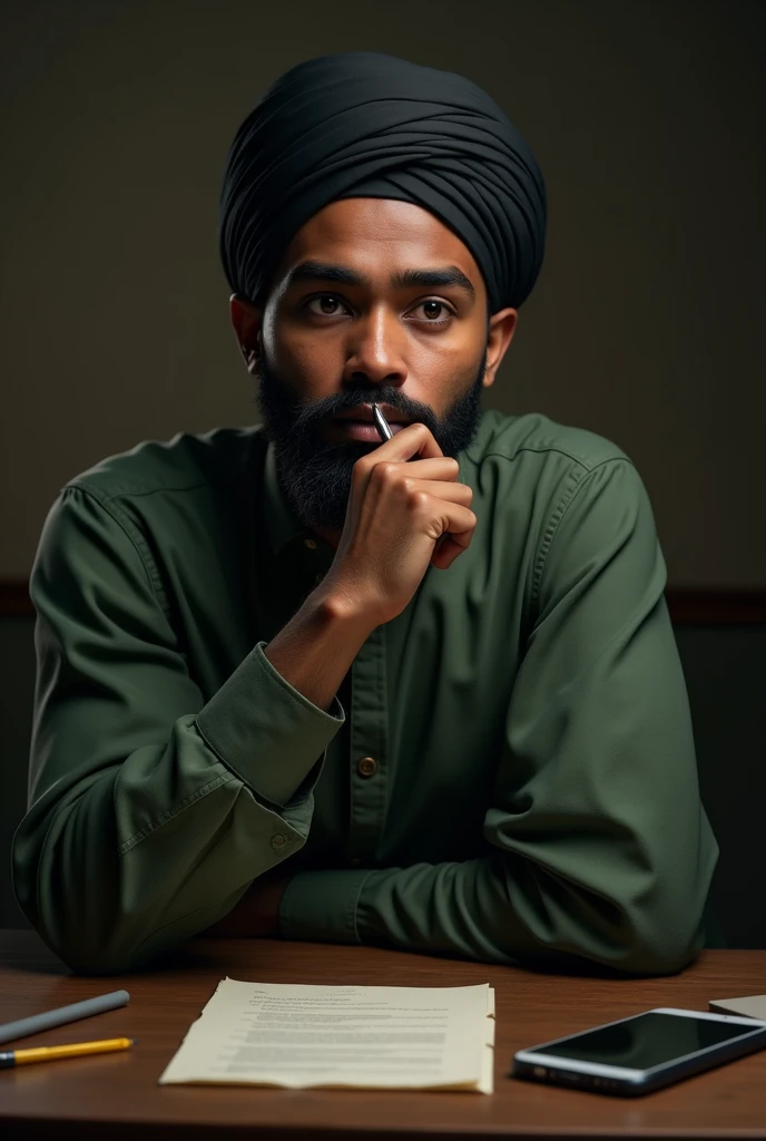 (photorealism:1.2), In the image,a somali man sitting thoughtfully with one hand on their chin and the other holding a pen near their mouth. They are wearing a black turban and a green shirt, giving off a contemplative and serious vibe. There is a paper and a phone placed on the table in front of them, suggesting that they might be engaged in deep thinking or studying. The expression on their face is one of concentration, possibly reflecting on something important or pondering a complex issue.
