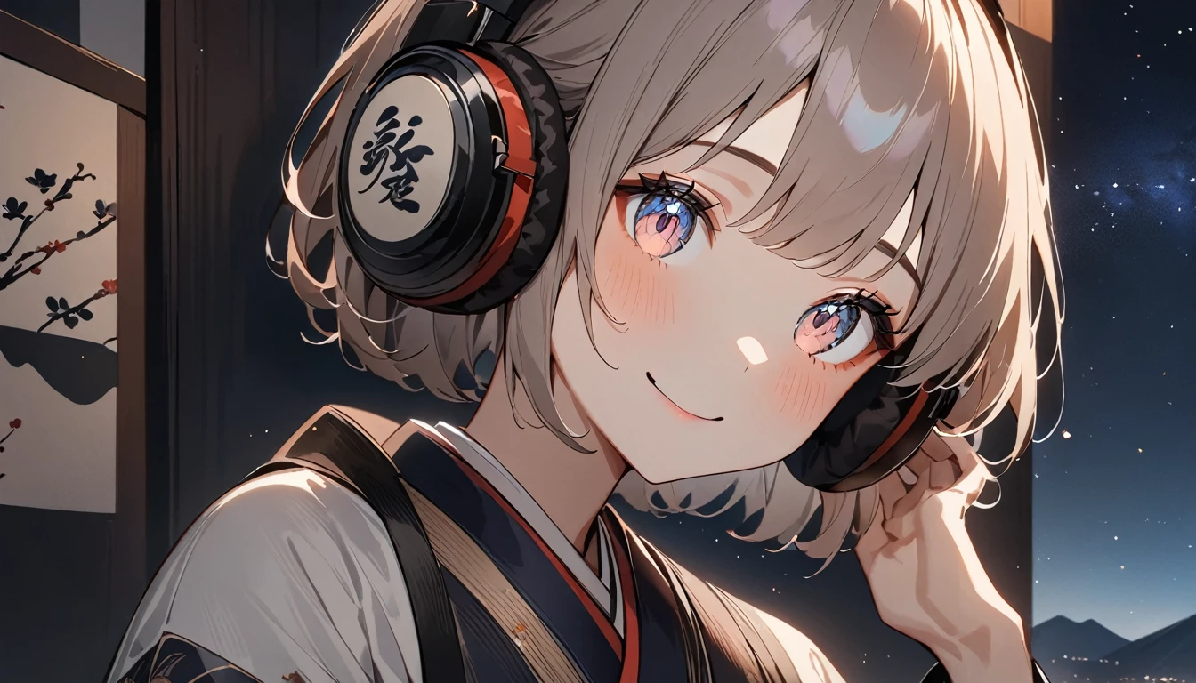 A wall with pictures of flowers on a white wall, Wall with artistically painted pink flowers, adorable girl, cute face, ash gray haine eyes, silence, zazen, costumes with intricate decorations, highest quality, best image quality, masterpiece:1.3, portrait, 8K, perfect lighting, professional photographer, ((headphones)), ((background: night, starry sky)), ((ukiyo-e style)), ((smile)), ((1 girl)),