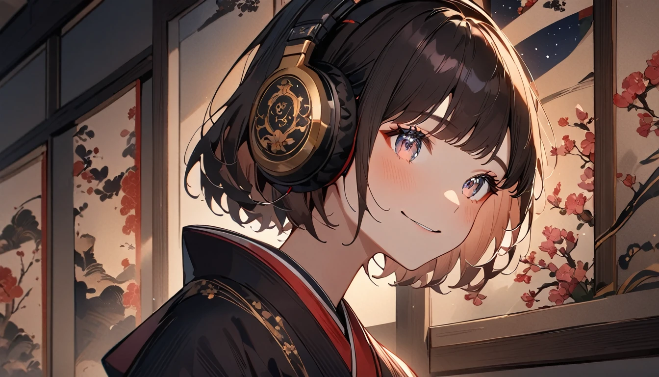 A wall with pictures of flowers on a white wall, Wall with artistically painted pink flowers, adorable girl, cute face, ash gray haine eyes, silence, zazen, costumes with intricate decorations, highest quality, best image quality, masterpiece:1.3, portrait, 8K, perfect lighting, professional photographer, ((headphones)), ((background: ht, starry sky)), ((ukiyo-e style)), ((smile)), ((1 girl)),