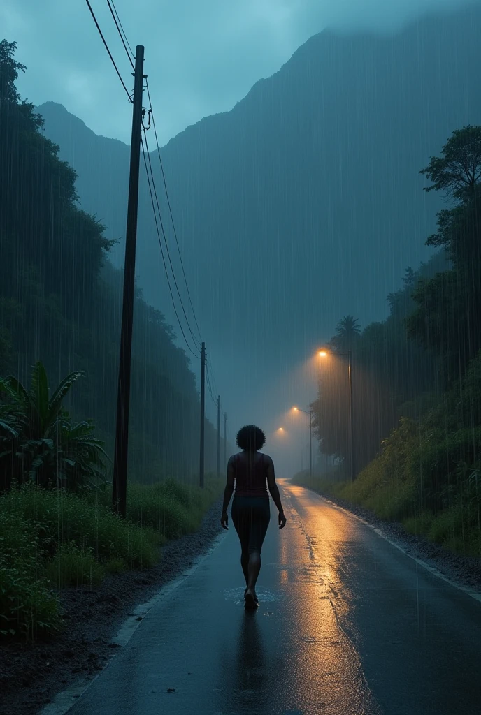 Jamaican mountain, heavy rain, lightpoles, one women walking down the road. More rain effects. No buildings,midnight, Jamaican BLACK WOMAN IN A MOUNTAIN SIDE.,  woman farther away