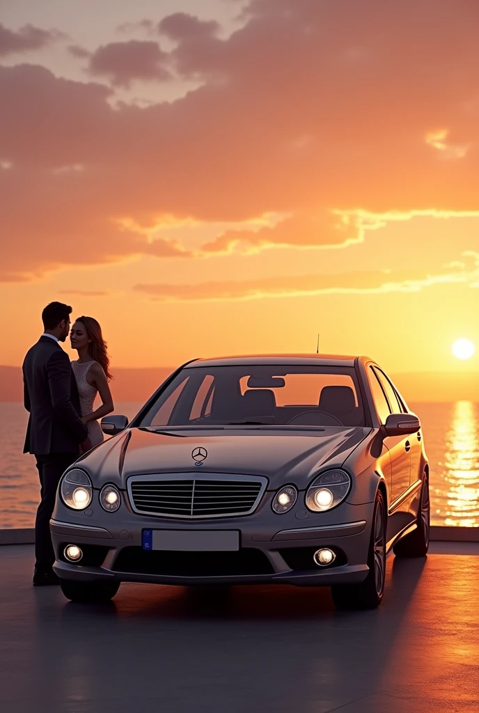 Black mercedes benz model E-class w211 year 2005 wit amg paket in front of the sea on a sunset and beatiful couple in front of the car