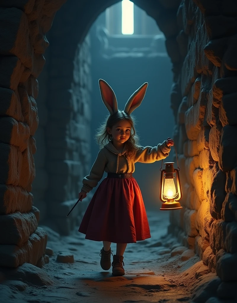 The brave rabbit eared girl, holding an oil lamp, shuttles through the dark and mysterious corridor of the castle. Her ears occasionally rotate, alert to possible adventures or dangers around her, (masterpiece, best quality, Professional, perfect composition, very aesthetic, absurdres, ultra-detailed, intricate details:1.3)