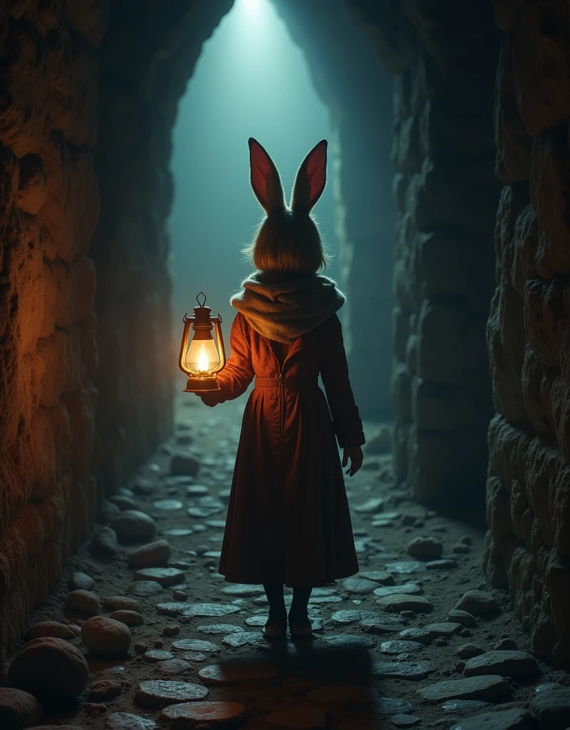 The brave rabbit eared girl, holding an oil lamp, shuttles through the dark and mysterious corridor of the castle. Her ears occasionally rotate, alert to possible adventures or dangers around her, (masterpiece, best quality, Professional, perfect composition, very aesthetic, absurdres, ultra-detailed, intricate details:1.3)