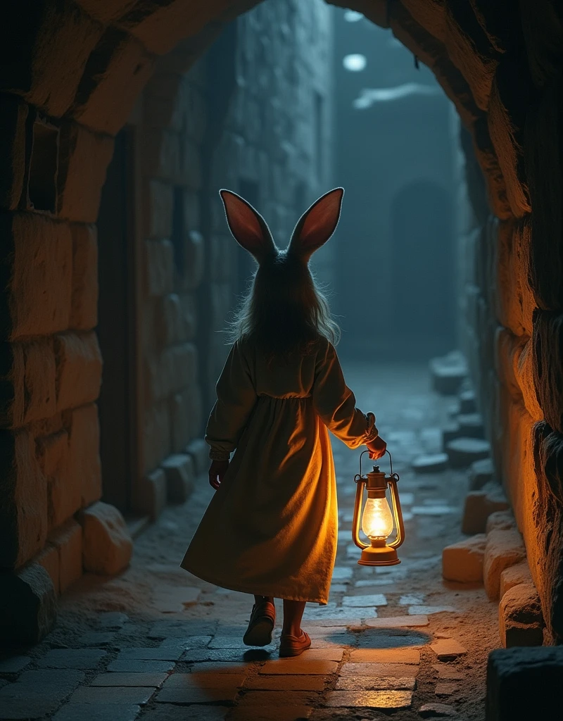 The brave rabbit eared girl, holding an oil lamp, shuttles through the dark and mysterious corridor of the castle. Her ears occasionally rotate, alert to possible adventures or dangers around her, (masterpiece, best quality, Professional, perfect composition, very aesthetic, absurdres, ultra-detailed, intricate details:1.3)