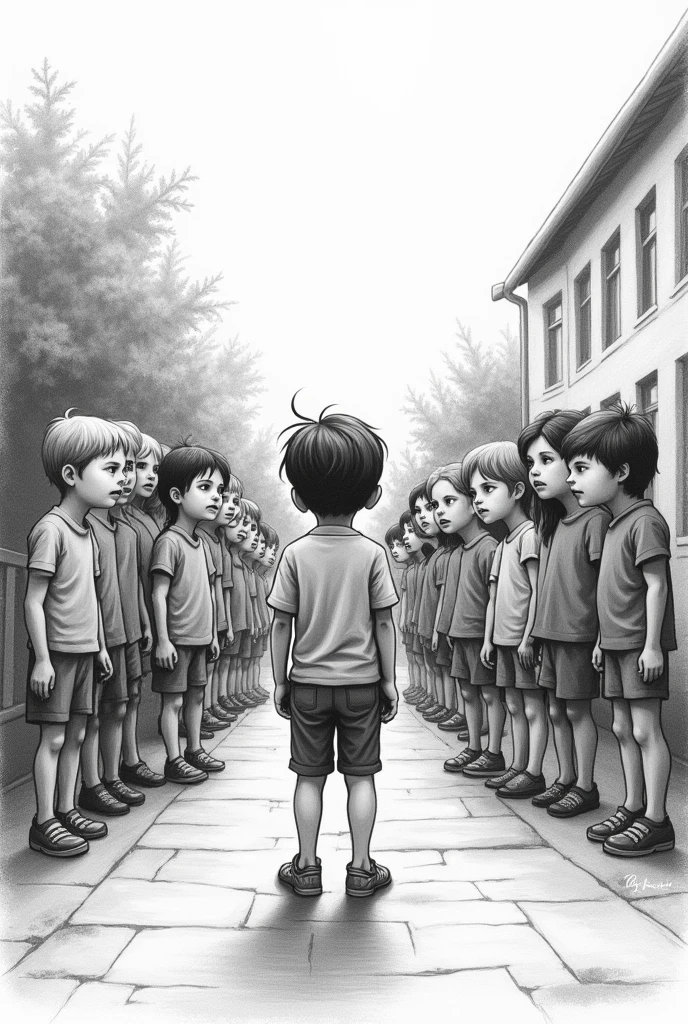 CHILDREN MAKE FUN OF ME LEAVING SCHOOL DRAWN WITH PENCIL