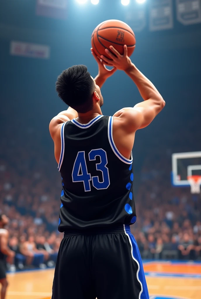 Young man turning his back, of some 23 years, with 1.93cm tall, with black Basketball jersey and details in the form of blue circles, with the number 43, Shooting a three-point shot from midcourt with the surname Osuna, combed back