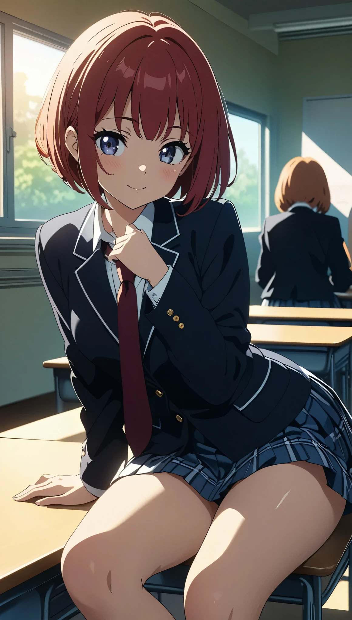 (Highest quality:1.2, Anime artwork, Anime Style, Studio Anime, Very detailed, up to date, Vibrant, Anime Coloring, High Contrast, masterpiece:1.2, Highest quality, Best aesthetics), Blue plaid pleated skirt:1.5, Red tie:1.5, Black blazer, (Private School Uniforms), Beautiful thighs, Redhead, Bobcut, Perfect body line, Skin with attention to detail, cute, Detailed face, Random Pause, School classroom, Accurate Fingers, evening, Illuminated by the setting sun, Soft lighting,
