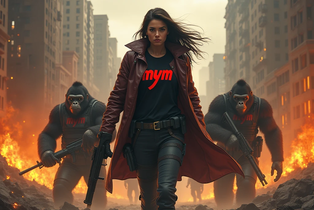 Warrior woman with a gun in a burning city with MYM on her clothing defended by an army of tactical gorillas carrying guns with MYM logo caption You Never Walk Alone