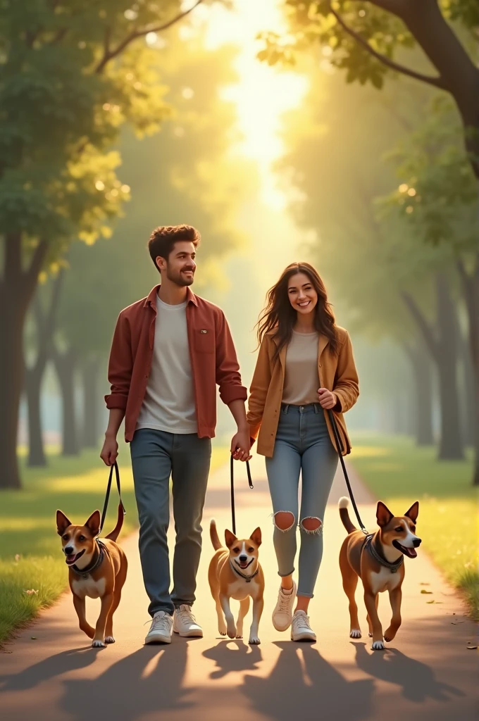 Couple walking dogs