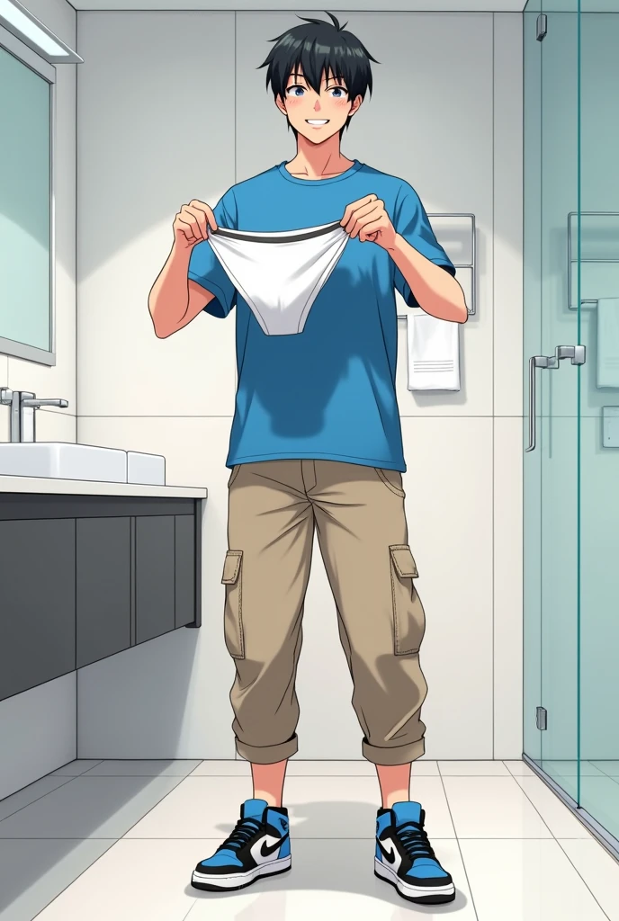 into the image, a cool male teenager with 1,80 tall, with white skin and straight black hair, is posing in a bathroom. He wears a blue t-shirt and beige cargo pants., complemented by a pair of Air Jordan sneakers in blue, black andwhite. The young man is holding only a pair of underwear (of the boxer model), this underwear is white (of the size he uses) with both hands, displaying it to the "Camera", with a happy and relieved expression. The bathroom in the background is modern and minimalist., with details like a large mirror and light tiles. The teenager's expression is relaxed and fun, besides him appearing relieved, giving a casual and informal tone to the image, In anime style, ele segura uma cueca of the boxer model de tamanho que esse adolescente usa, He's not wearing any underwear and looks like he just took it off.!