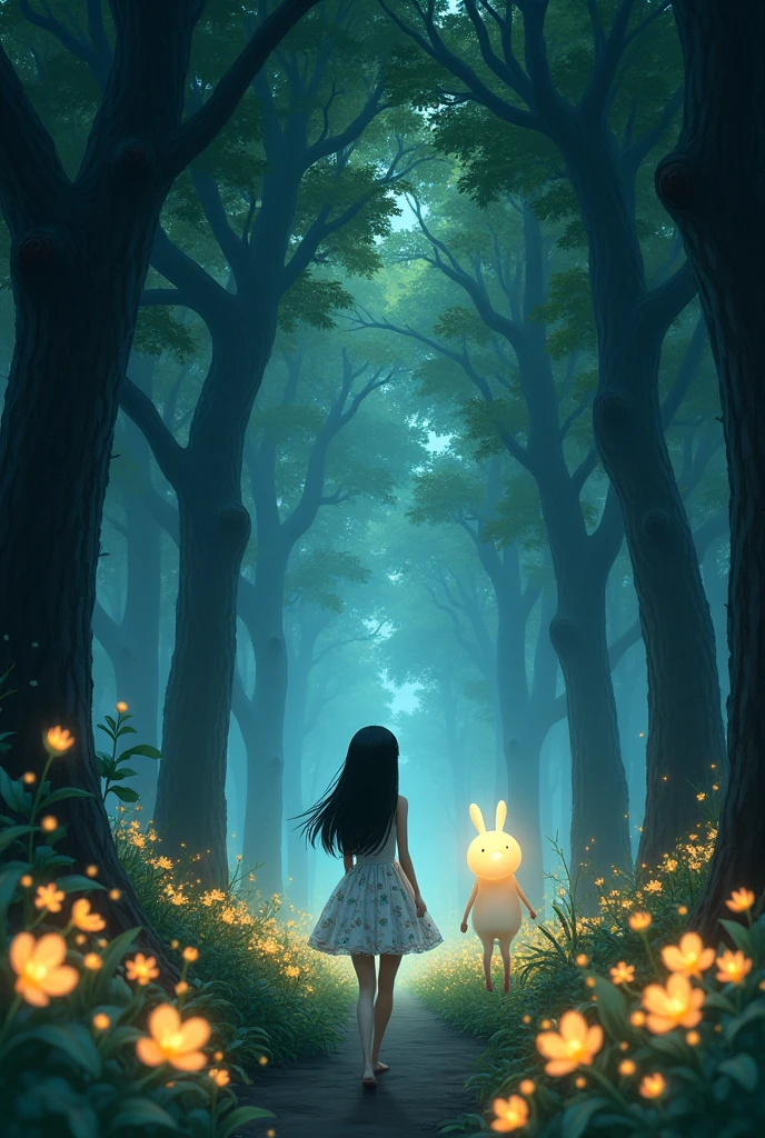 Aiko, the  with straight black hair in a white floral dress, follows a glowing creature deeper into the forest. Background: Dense trees and glowing flowers. Studio Ghibli Style.
