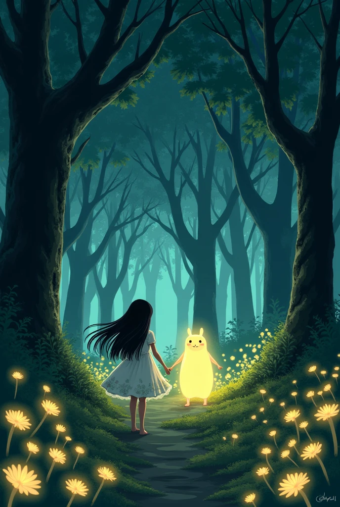 Aiko, the  with straight black hair in a white floral dress, follows a glowing creature deeper into the forest. Background: Dense trees and glowing flowers. Studio Ghibli Style.
