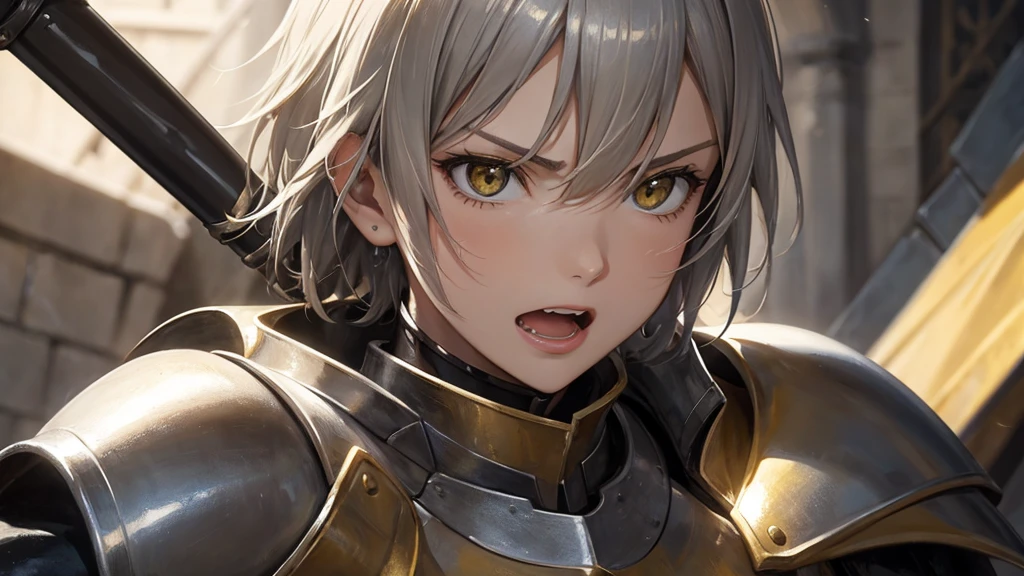 oil painting look, Jeanne d'Arc, yellow short hair, silver armour, face closeup, shout aloud with open mouth, angry, outside