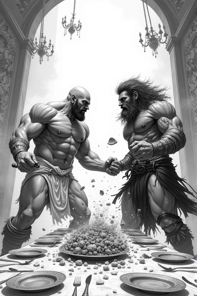 Two colossal strongmen, each with exaggerated muscular physiques, engaged in an intense standoff at the center of a grand feast hall. The scene is rendered in stark black and white pencil style reminiscent of a graphic novel, with bold lines and dramatic shadows that amplify the tension. The strongmen, one with a clean-shaven head and the other with a wild, unkempt beard, are dressed in contrasting outfits—one in a pristine white loincloth and the other in tattered black rags. They stand on a table laden with food, which is thrown into disarray around them, showcasing their tremendous power and disregard for their surroundings. In their clenched fists, they hold onto the remnants of their shattered plates, using them as makeshift weapons. The hall's patrons, a diverse and shocked crowd of medieval townsfolk, are frozen in mid-celebration, their expressions a mix of horror and amazement. The walls of the hall are adorned with ancient tapestries that seem to pulse with the intensity of the moment, and the chandeliers above swing precariously as the strongmen's battle threatens to bring the whole structure down. The air is thick with the smell of roast meats and the sound of splintering wood as they smash into each other, their muscles rippling with the effort. The table they stand on creaks and groans under their weight, and the floorboards threaten to give way. The scene is framed by the dynamic use of perspective, with dramatic foreshortening and a low angle that elevates the confrontation to epic proportions. The stark contrast between the peaceful, opulent setting and the raw, brutal struggle unfolds like a dramatic still from an action-packed graphic novel page, leaving the viewer eager to see the next panel of this explosive narrative.