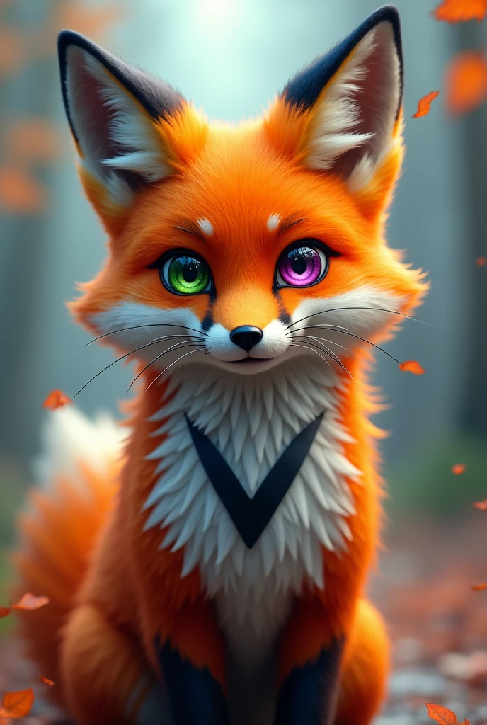 Orange anthropomorphic furry fox with a white front and a black v going from the shoulders over the chest, with one eye green and one eye purple