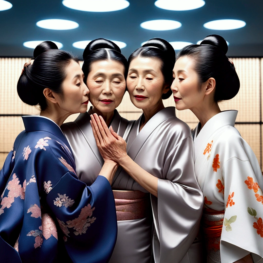 three japanese eldery ladies in kimono at luxerius office items sorrounded bright lighted modern office,their black straight bob hair back side made in to low single small ponytail while front parted hair maded into twin bun,100 liters of oil poured over their hairs making slick shinning like mirrors,tongues are highly visible,kissing 