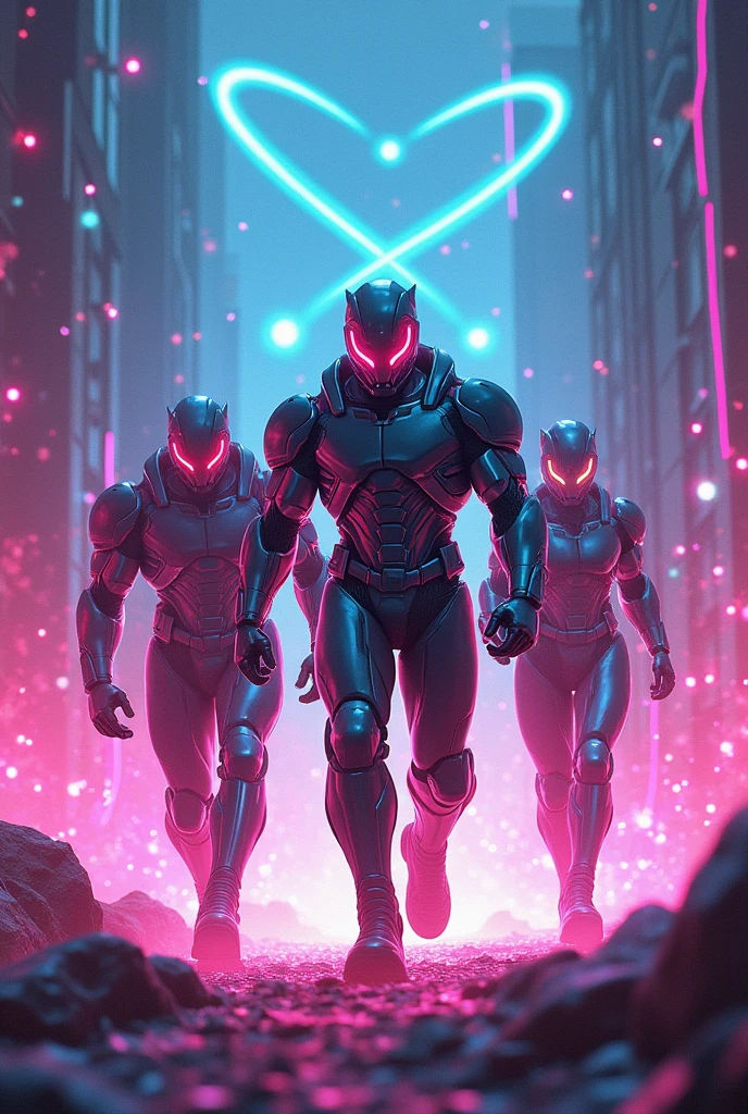 imageio: Proton, Electron and Neutron enter Halogen Land. The environment is vibrant and full of flashing lights, reflecting the energy and reactivity of the halogen elements.
Proton is in front, using his advanced armor, which is robust and shiny, with neon details that highlight its strength and leadership. He observes the surroundings with a confident expression..
Electron is next to Proton, wearing his futuristic speedster uniform, which is fair and aerodynamic, designed for speed, with trails of light that follow your agile movements.
Neutron is a little behind, wearing balanced and neutral armor, which reflects its calm and stabilizing nature, with soft metallic tones.
No fundo, Fluorine (F) e Chlorine (Cl) are represented as energetic figures, with an electrified appearance and rapid movements, symbolizing its high reactivity.