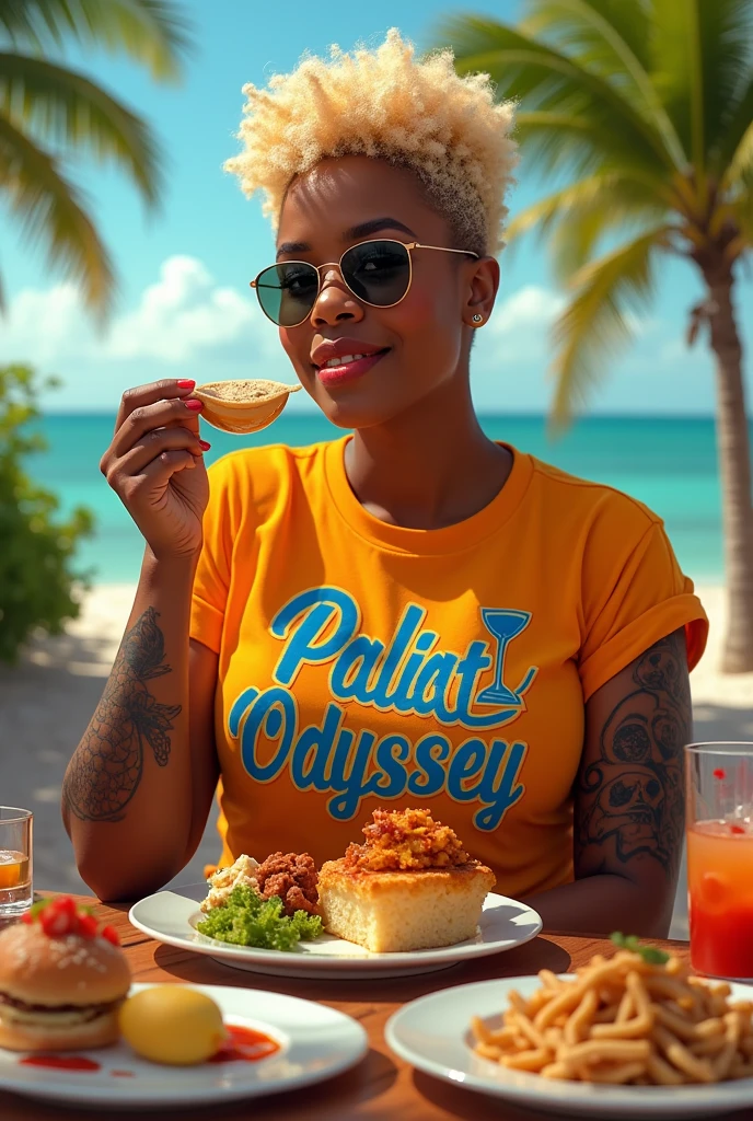 Create a 4k portrait of a 2 light-skinned female, with black features such as nose and lips approximately 5'1" tall, with blonde, short curly puff moisturized juicy curly hair. She is sitting at a table testing various foods, including pasta, seafood, donuts, cocktails, pizza, rice, and steak, with each dish clearly displayed. She is wearing a shirt with 'Palate Odyssey' spelled out correctly. Her right arm features a tattoo with three skulls and an hourglass with blue sand falling through it. The scene is set in Miami, Florida, with palm trees visible in the background to enhance the tropical atmosphere.