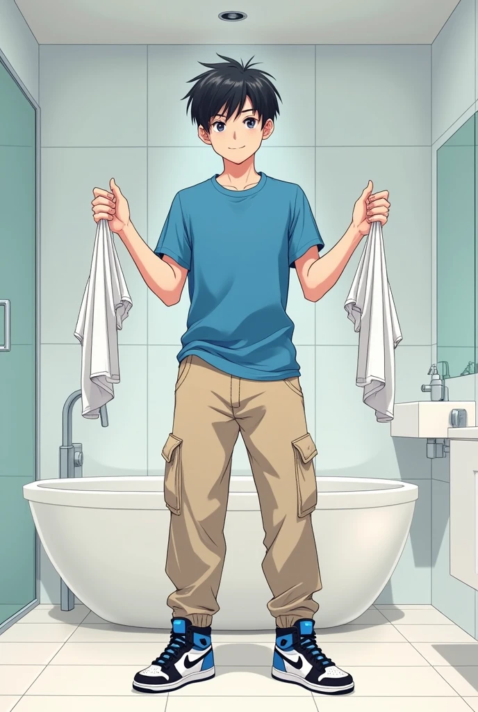 into the image, a cool male teenager with 1,80 tall, with white skin and straight black hair, is posing in a bathroom. He wears a blue t-shirt and beige cargo pants., complemented by a pair of Air Jordan sneakers in blue, black andwhite. The young man is holding only a pair of underwear (of the boxer model), this underwear is white (of the size he uses) with both hands, displaying it to the "Camera", with a happy and relieved expression. The bathroom in the background is modern and minimalist., with details like a large mirror and light tiles. The teenager&#39;s expression is relaxed and fun, besides him appearing relieved, giving a casual and informal tone to the image, In anime style, ele segura uma cueca of the boxer model de tamanho que esse adolescente usa, He&#39;s not wearing any underwear and looks like he just took it off.!