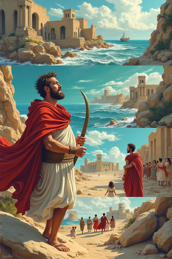 The Iliad by the Greek poet Homer and draw a five-panel caricature, The escape from Troy,The journey through the Mediterranean, The Meeting with Dido,Arrival in Italy,The founding of Rome