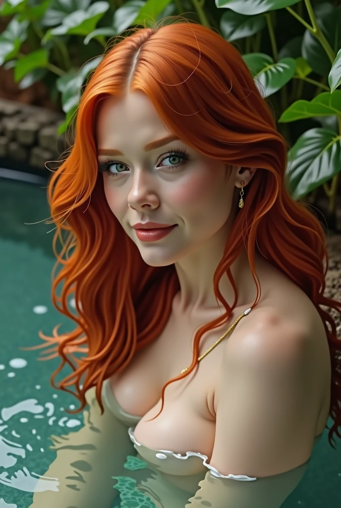 A voluptuous redheaded woman, beautiful detailed eyes,beautiful detailed lips,extremely detailed eyes and face,longeyelashes, in a serene pool surrounded by lush foliage, (best quality,4k,8k,highres,masterpiece:1.2),ultra-detailed,(realistic,photorealistic,photo-realistic:1.37),HDR,UHD,studio lighting,ultra-fine painting,sharp focus,physically-based rendering,extreme detail description,professional,vivid colors,bokeh,portrait,photorealistic