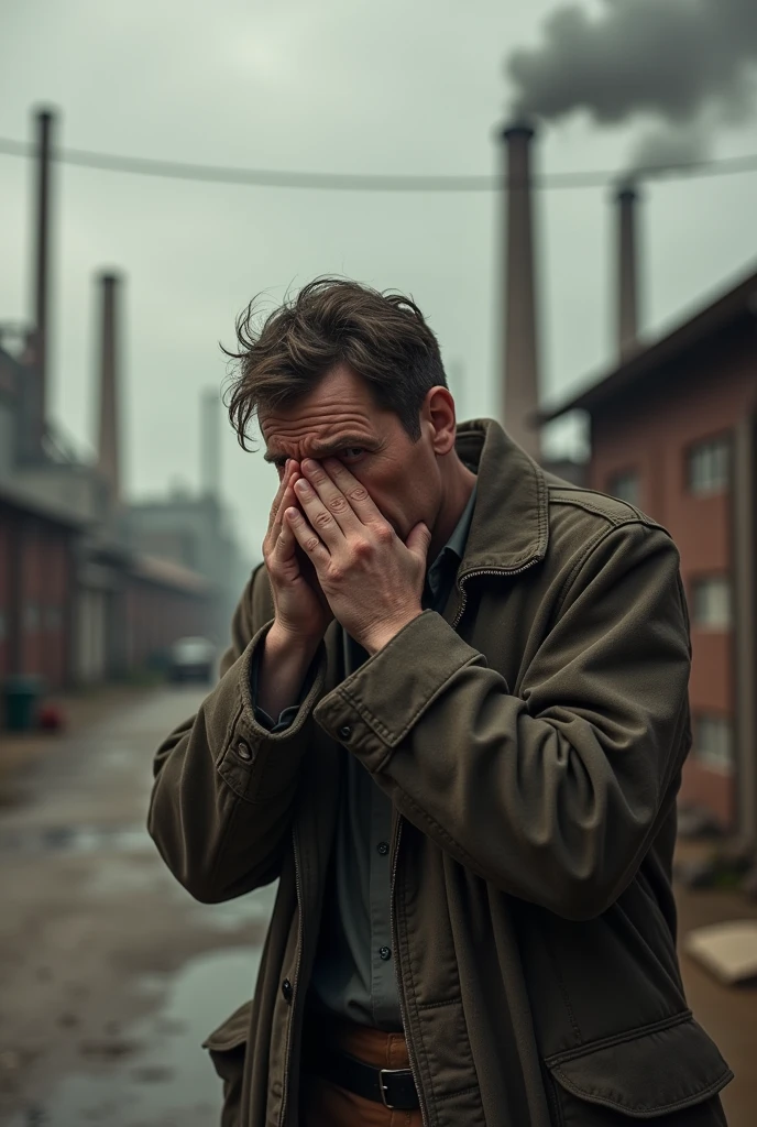 Hi, I want a person covering their nose because of an offensive smell., that is in an area adjacent to a factory