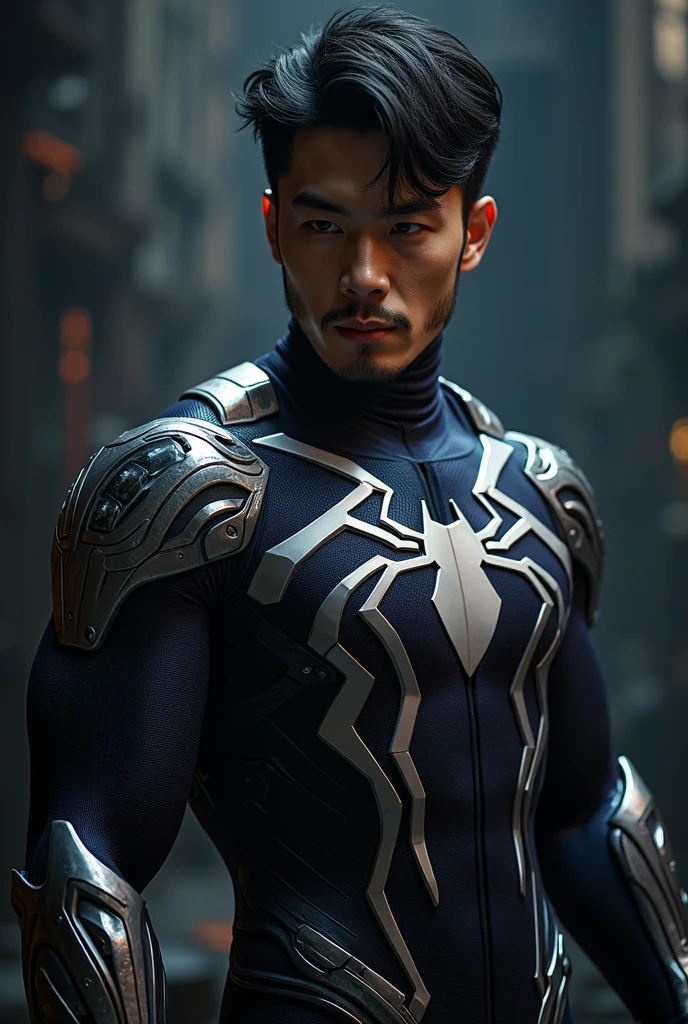 Create an image of a Korean man, wearing the iron spider suit, where only half the body is seen