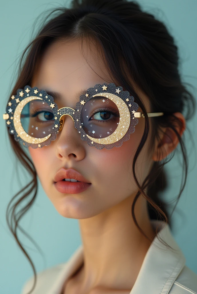 The model is wearing glass sunglasses with stars and the moon on the glass