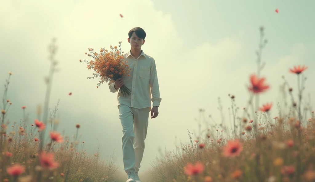 Create a VJ Loop of a man walking with flowers in his hand