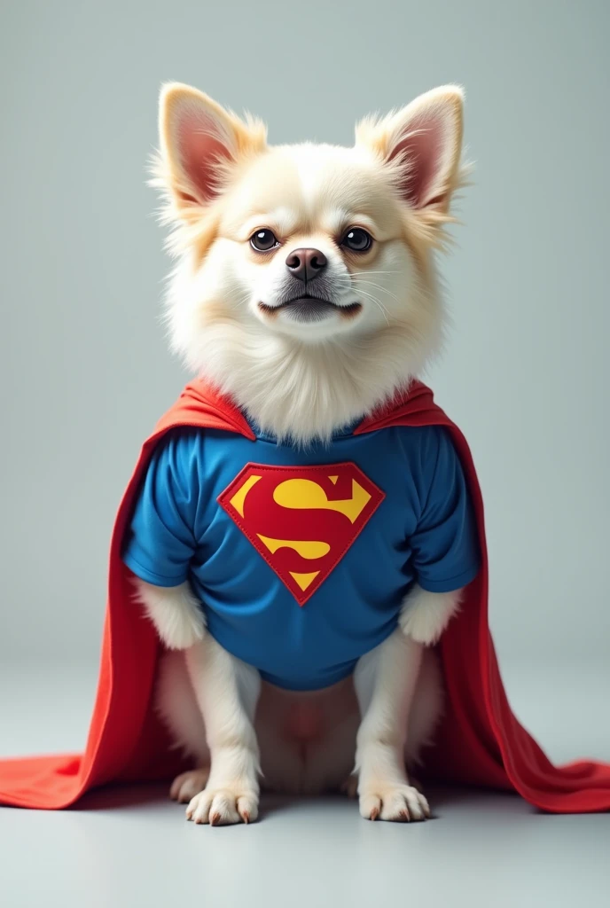 A white dog in an angry superman suit