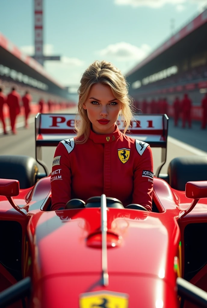 Singer Taylor Swift in a Ferrari Formula 1 car