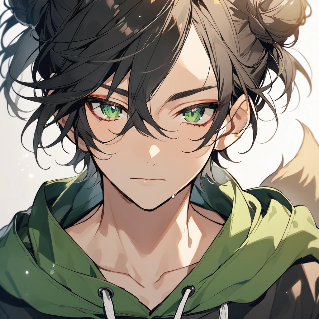 Man, black hair, green eyes, fox ears, hair tied in a bun, hoodie