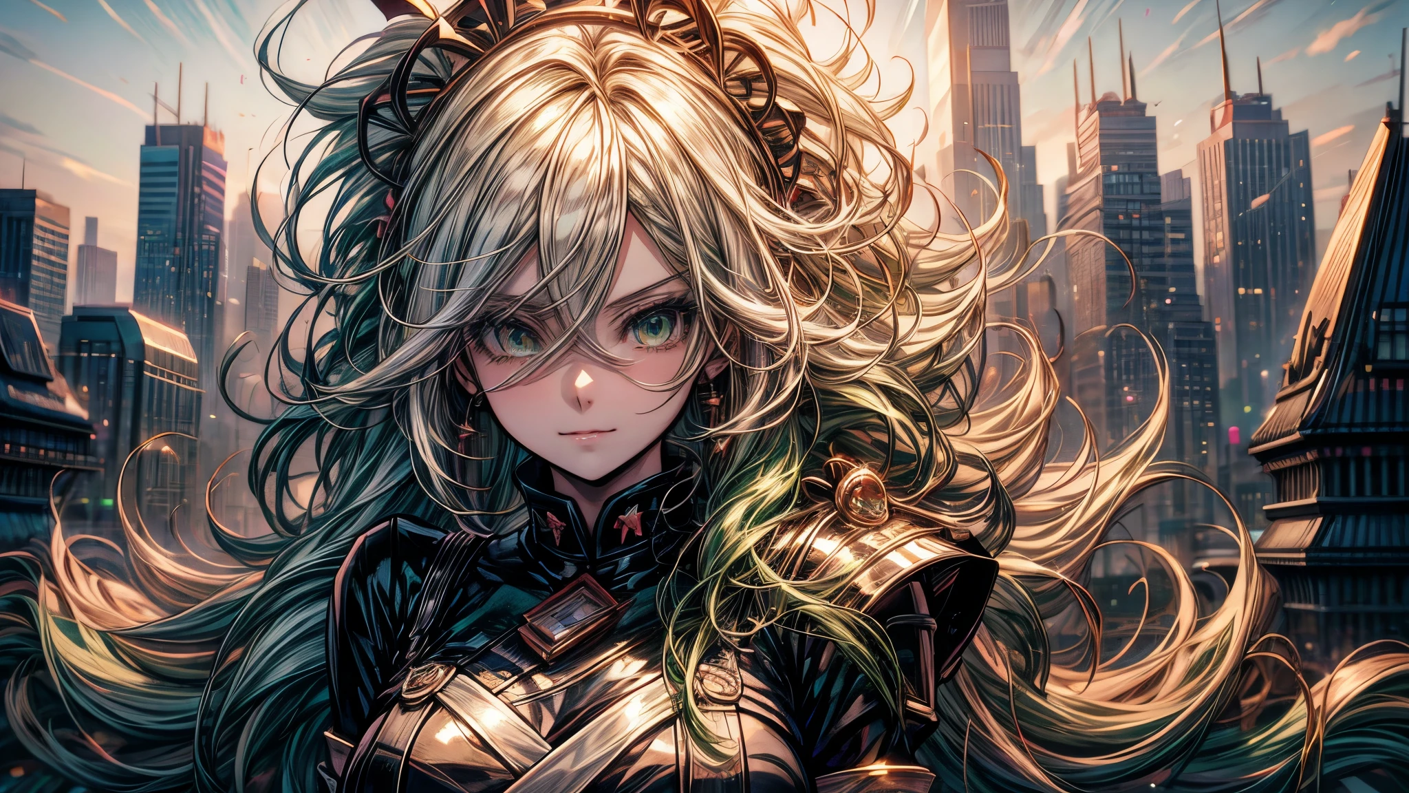 Anime girl with long white hair and green eyes standing in a sky city., detailed digital anime art, 4K anime style, hermoso portrait animado, portrait, , anime art wallpaper 4k, 4k anime art wallpaper, anime girl with long white hair, 8K high quality detailed art, anime art wallpaper 8k, white haired princess, detailed anime art