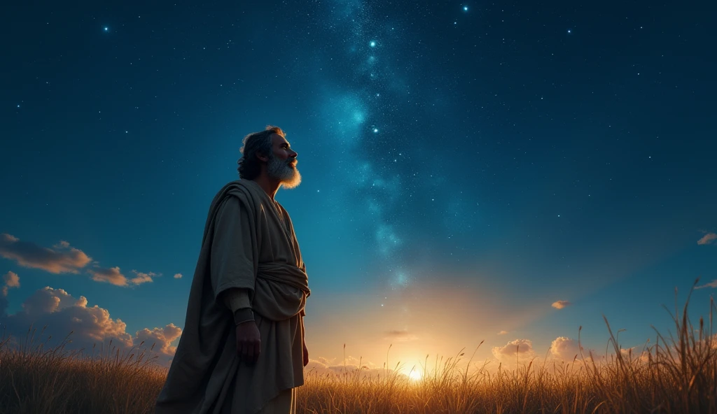 an image of Abraham in a vast field, looking at the starry sky. the expression on his face reflects surprise and reverence. the background is a deep night sky, with bright stars. the predominant colors are blue and gold.