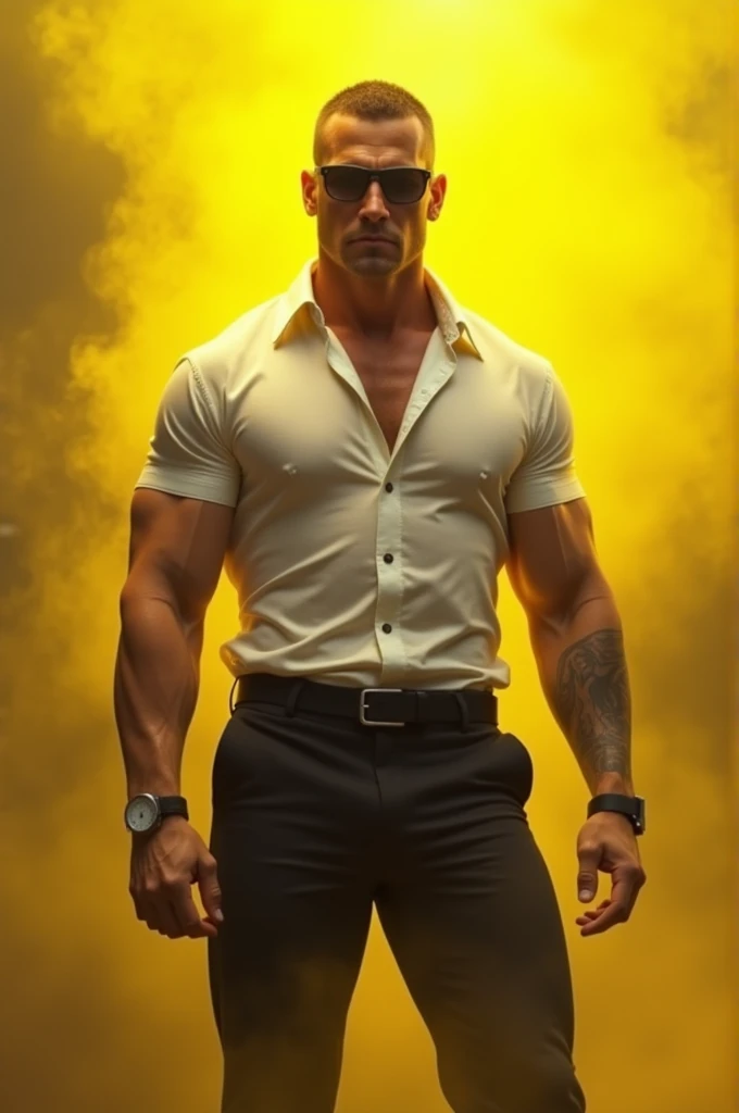 Brutal, handsome man crew cut hair wearing sunglasses, white shirt and black pants, all body visible, smokey yellow on the background